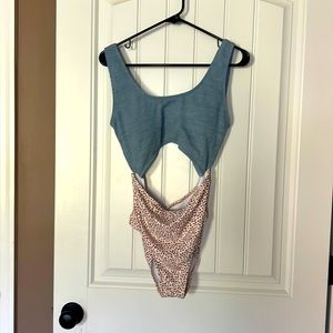 One piece blue/ tan with brown dots